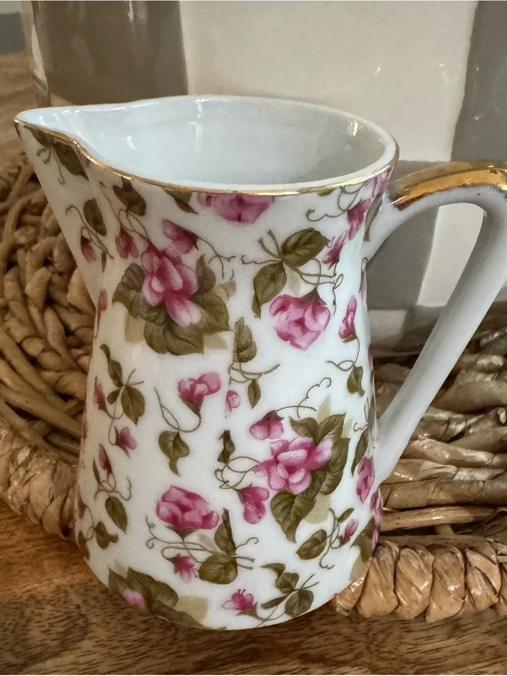 Lefton Rose Chintz Porcelain Sugar Bowl & Creamer Set with Gold Trim